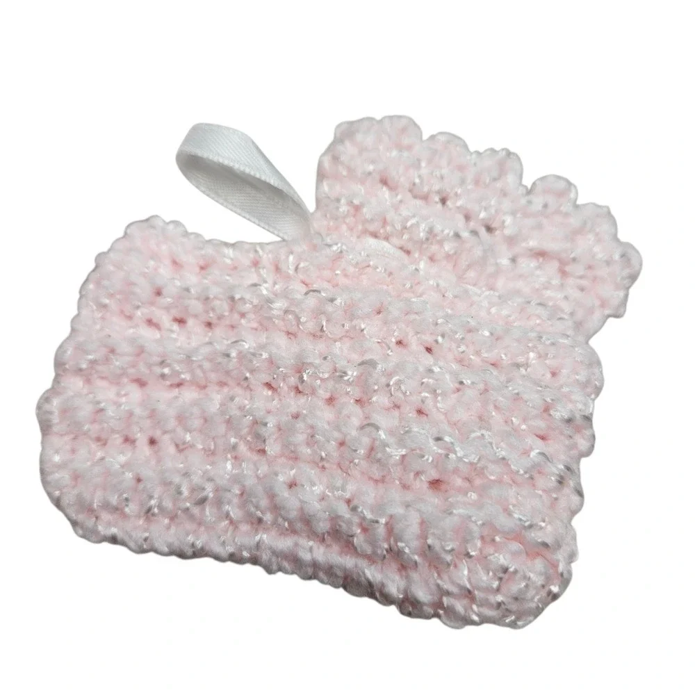 Baby Crochet Knit Hat Mittens Booties‎ Set Pink Sparkle Pom Pom Newborn Gift 0-6